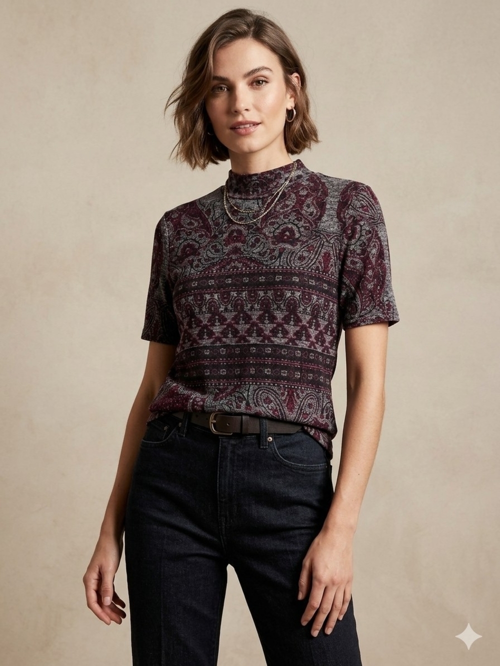 Philosophy Paisley Mock-Neck Short-Sleeve Knit Top Burgundy Purple Gray Medium